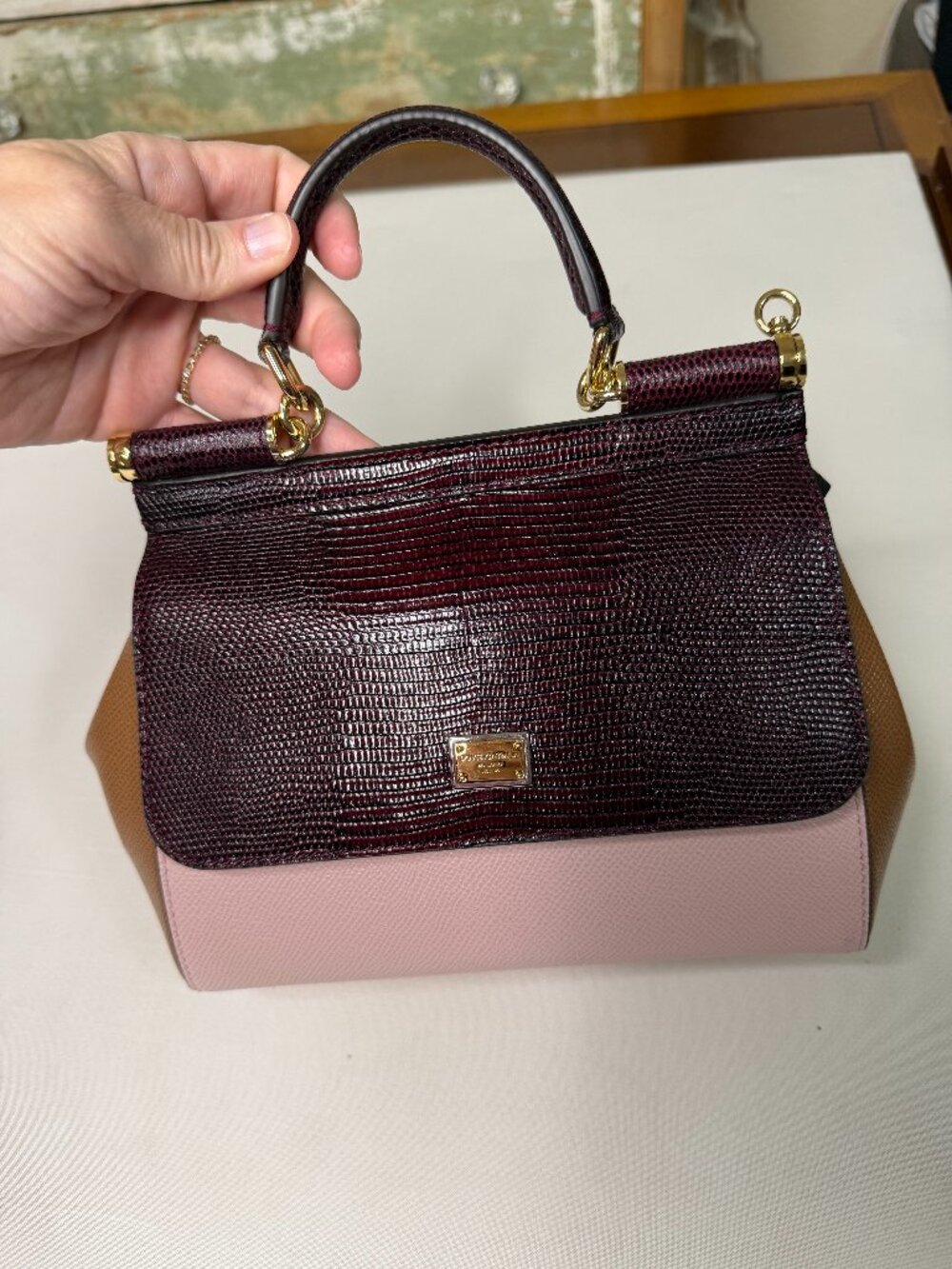 Dolce & Gabbana Sicily Dauphine Leather Satchel Crossbody Bag Pink Burgundy